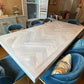 whitewashed dining table, herringone dining table, herrinbgone table, white dining table, white wood dining table, white wood table, designer dining table, unique dining table, contemporary dining table, artisan dining table