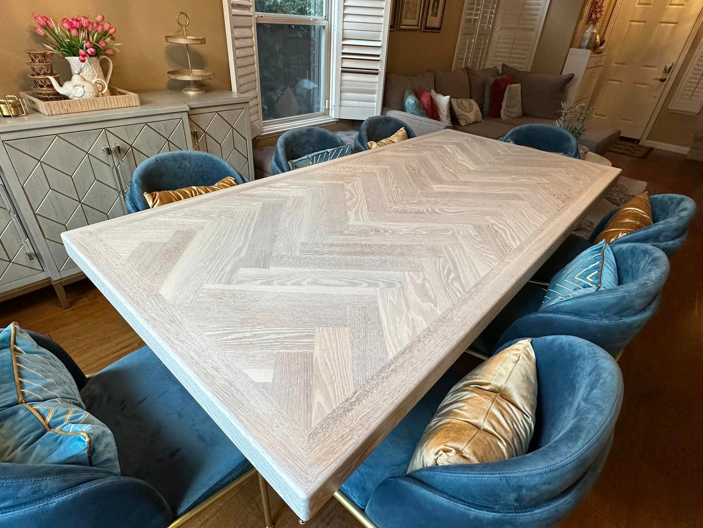 whitewashed dining table, herringone dining table, herrinbgone table, white dining table, white wood dining table, white wood table, designer dining table, unique dining table, contemporary dining table, artisan dining table